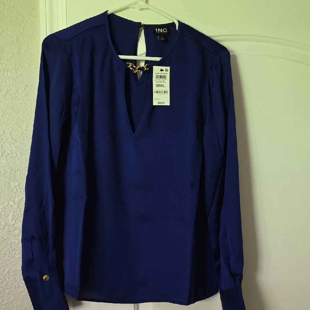 INC International Concepts Blue Mandarin Collar Blouse